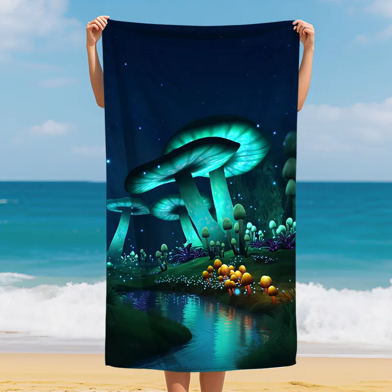 2D Glowing Mushroom Forest Beach Towel Fantasy Night Scene Swim Wrap Soft Absorbent Bath Mat for Pool Travel Gift