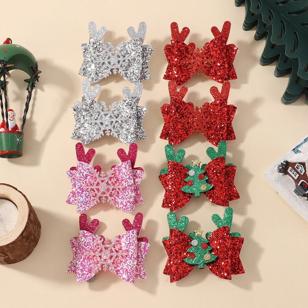 

2Pcs/set Sparkling Christmas Reindeer Antler Hair Bow Clips for Girls Santa Claus Barrettes Festive Holiday Headwear Accessories