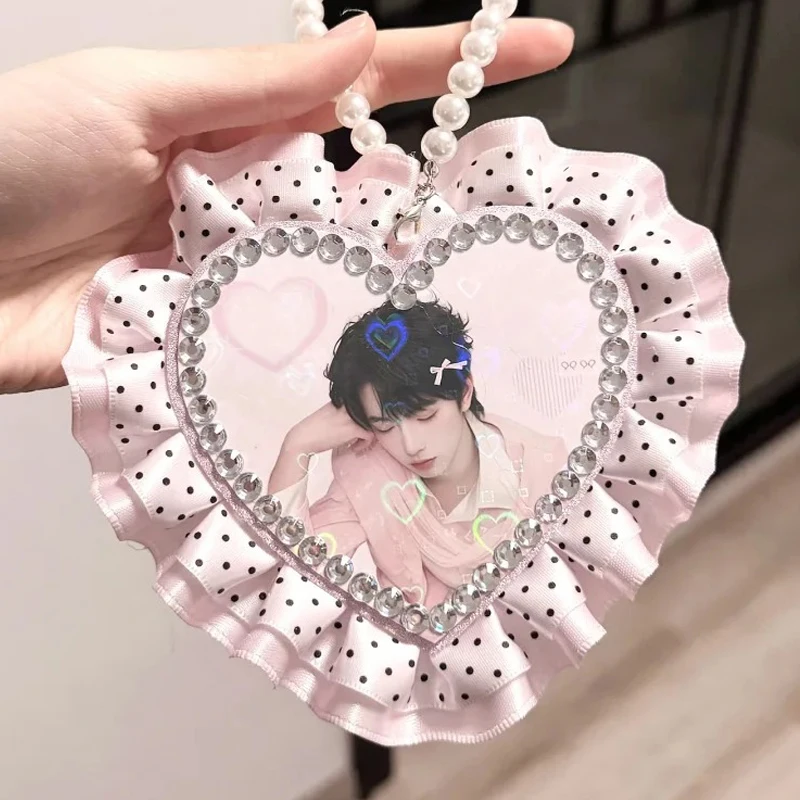 

Pink Sparkle Lace Charm Idol Anime Customized Bag Pendant Double Layer Rhinestone Keychain
