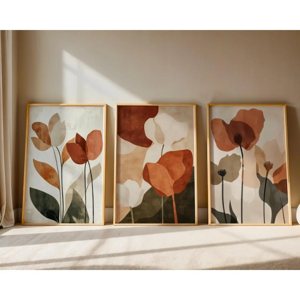 3PC frameless decorative art print,Set of 3 Neutral Floral Print Set: Abstract Botanical Art, Earth Tones, Digital Download