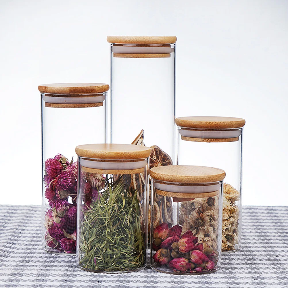 

1Pcs High Borosilicate Glass Storage Jar Sealed Transparent Container Bamboo Cover Multipurpose Food Storage for Grains Snacks