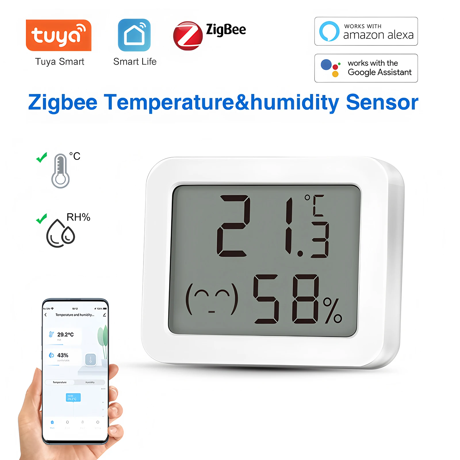Tuya-Sensor inteligente de temperatura y humedad Zigbee, Mini LCD Digital, Detector de humedad y temperatura facial, funciona con Alexa y Google Home