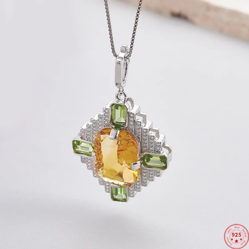 S925 Sterling Silver Charms Pendants for Women Inlaid Micro Zircon Geometric Yellow Crystal Olivine Fashion Jewelry Wholesale