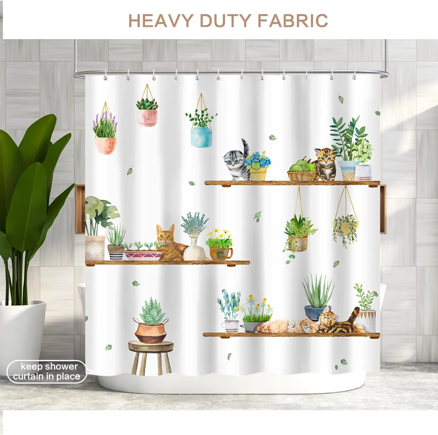 

Подвесная занавеска для душа с изображением кота в горшках, занавеска для душа с кронштейном и растением Kitty для ванной комнаты с 12 крючками, полиэфирная ткань Waterp