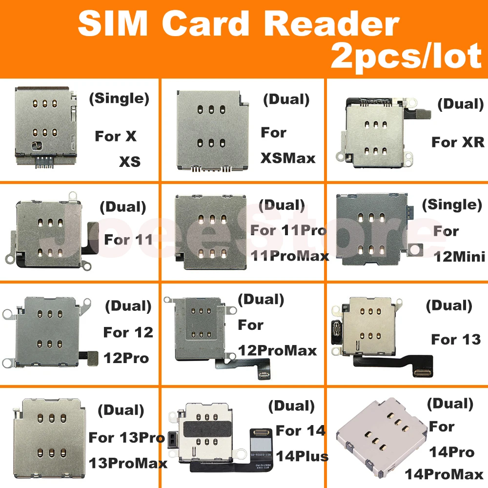 2pcs SIM Card Reader For iPhone 14 13 12 11 Pro Max X XR XS Dual SIM Card Slot Socket Inner Adapter Flex Cable Replacement Parts