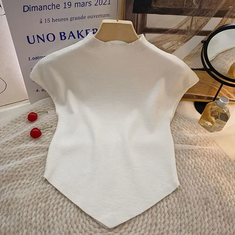 Irregular Cropped Soild Color Short-sleeved Tshirts Knitwear Crop Top Women's Summer 2026 New Slim Half Turtleneck Undershirt