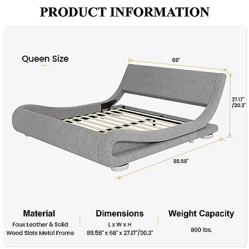 Queen Size Upholstered Bed Frame with Ergonomics Headboard No Box Spring Needed Stable Solid Construction Squeak Resistant