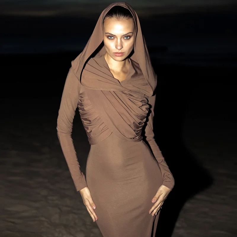 Pleated Long Hoodie Dress Lady Party Evening Elegant Dresses 2024 Women Winter Fall Clothes Luxury Sexy Bodycon Solid Dresses