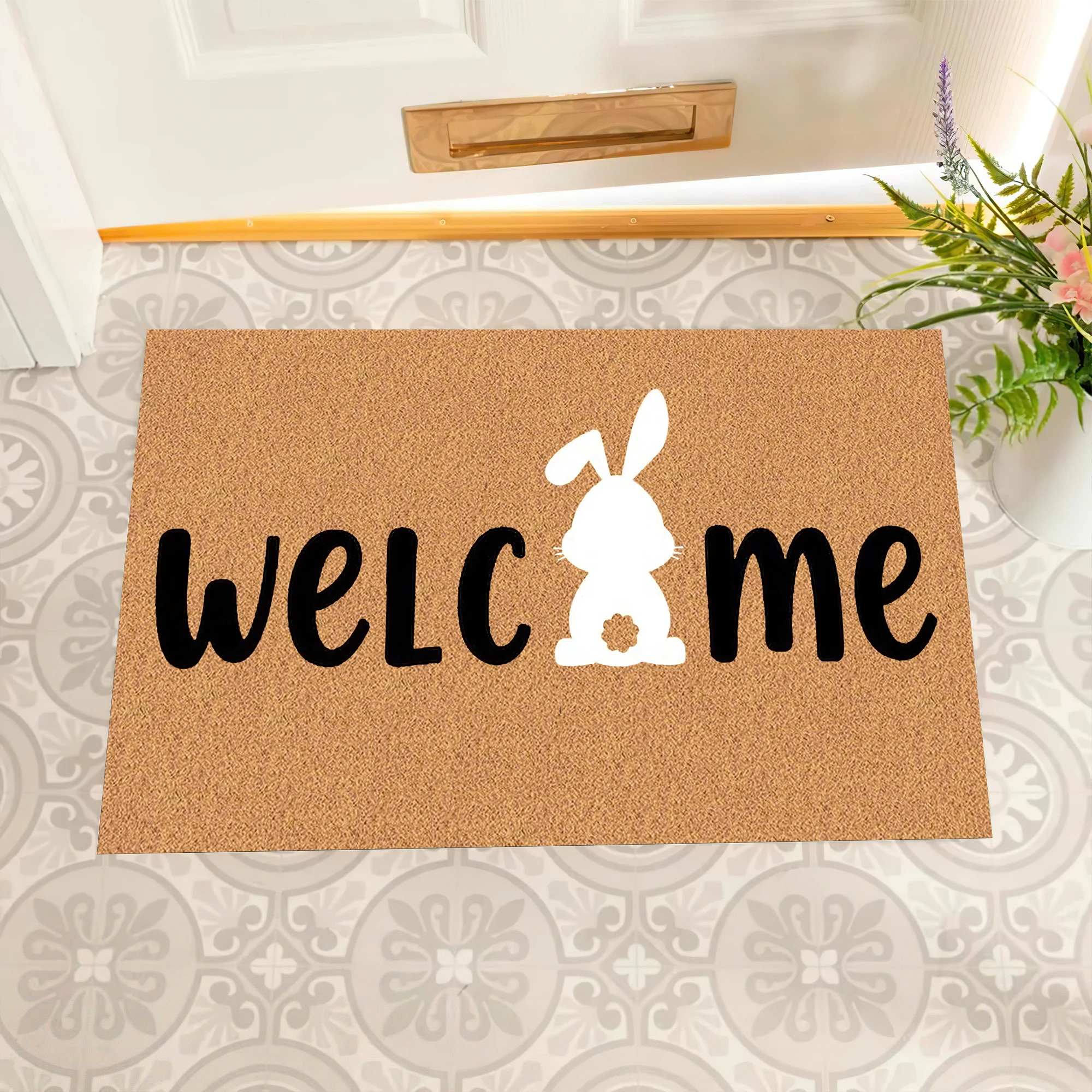 Cute Bunny Silhouette Welcome Doormat Non-Slip Rabbit Front Door Mat for Easter Spring Entryway Decor Low-Profile Floor Rug