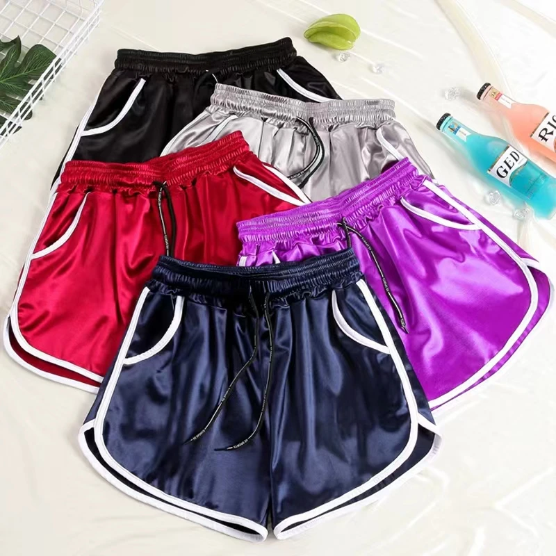 ITOOLIN Women Casual Satin Fabric Short Waistband Silky Solid Running Shorts Fashion Sports Shorts For Women Fitness