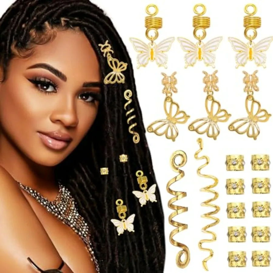 

18PCS Snake Hair Jewelry Gold Butterfly Braids Clips Hair Cuffs Rings Metal Spiral Loc Jewelry Multi Style Braid Accessories fo