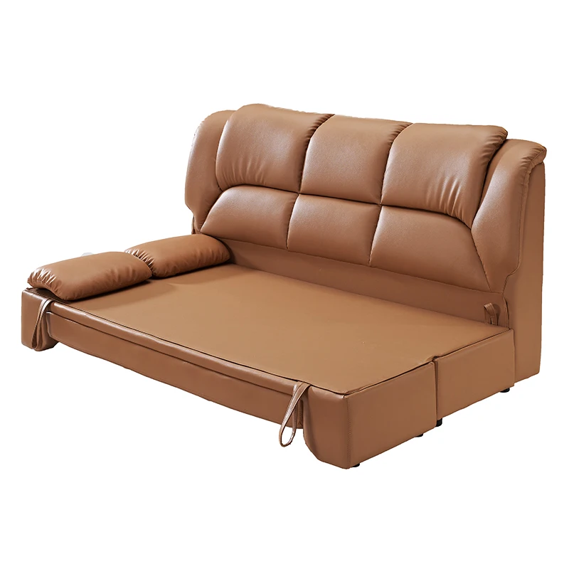 

eu-Multifunctional Leather Sofa Bed Multifunctional Small Family Folding Living Room Double Bed with Storage！