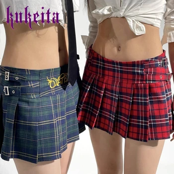 Y2K sevimli seksi mikro etek Harajuku kırmızı yeşil mavi ekose pilili Mini etek kadın yaz düşük bel tiki tarzı şort etek