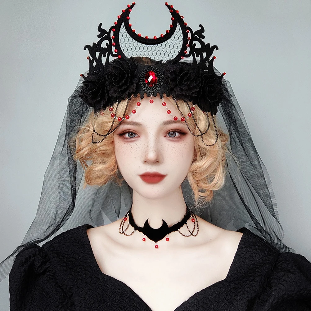 

Gothic Crown Headwear with Black Veil for Halloween Costume Party Witch Masquerade Accessory Women Cosplay Stage Performance