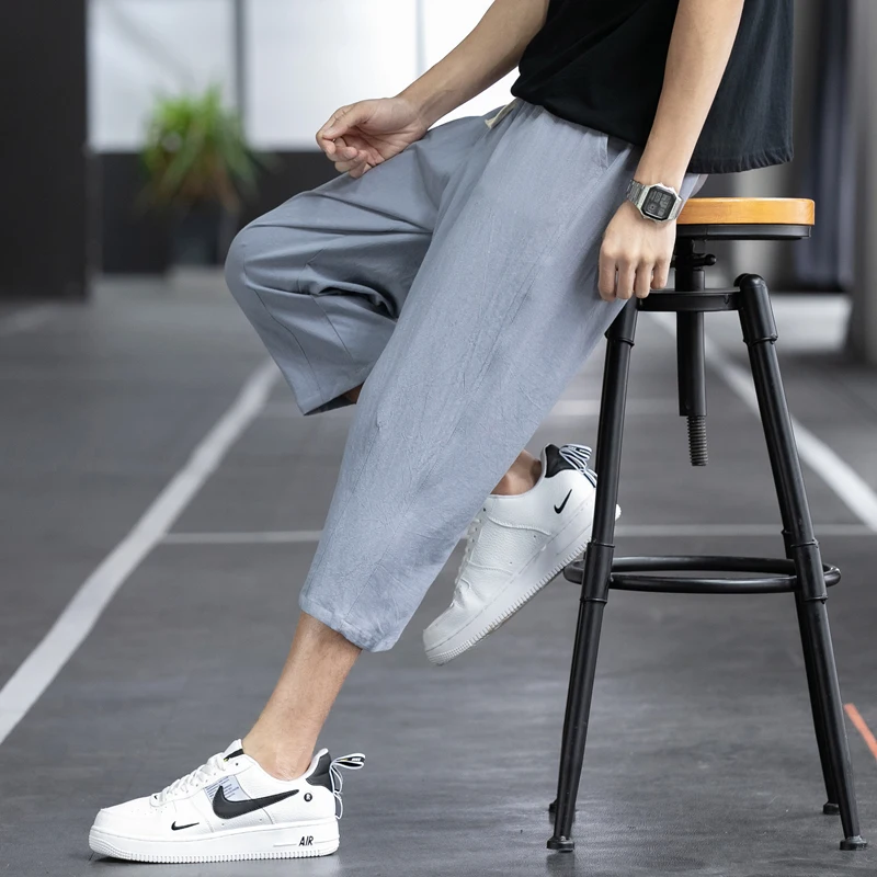 

2024 Summer New Casual Pants Men's Versatile Cotton and Hemp Loose Korean Trendy Capris Harem Pants Men