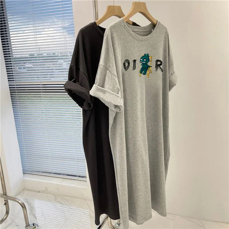 Summer Cartoon Printed Short Sleeve Dresses, Women Clothing Loose Casual Knee Length Tunic, Fashion Basic Pullovers Dress