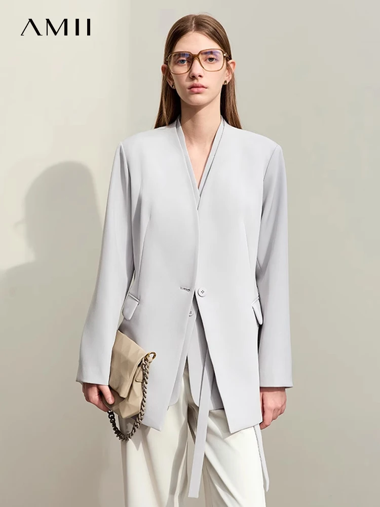 AMII Minimalism Blazers For Women 2024 Spring New Commuter Long V-Neck Solid Loose Trendy Blazer Single Button Female 12441146