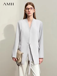 AMII-Chaqueta minimalista para mujer, Blazer largo con cuello en V, liso, holgado, a la moda, con un solo botón, Primavera, 2024