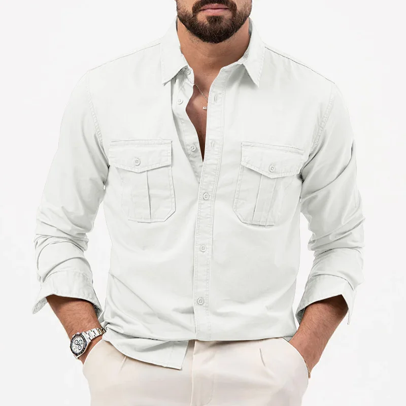 Army Green  Long Sleeve Shirts  For Men Chest Two Pockets Long Sleeve Mens T-Shirt 2025 Trend Casual Loose Shirt Chemise Hombre