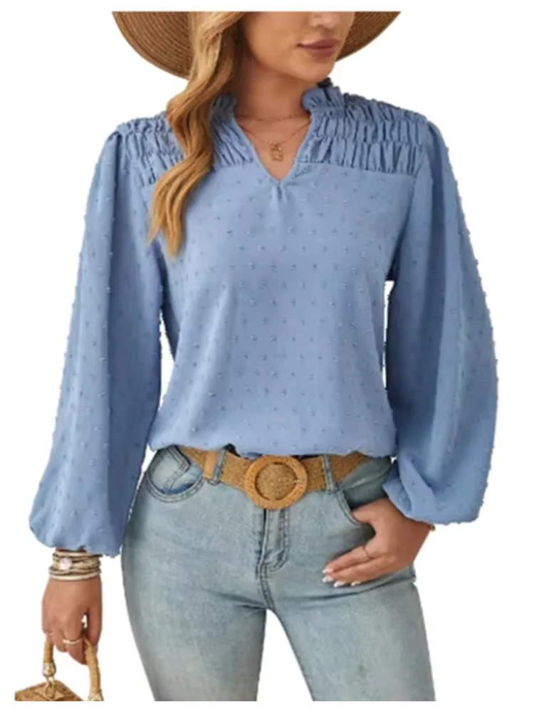 Camiseta monocromática plissada com decote em v feminino, top de manga comprida, versátil, plissada, monocromática, elegante, outono