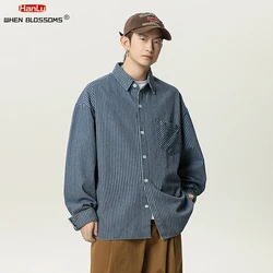 HANLU 2025 Spring New Men's Oversized shirt Blue Denim Striped Long-sleeved Shirt with Back Splice Design Coats