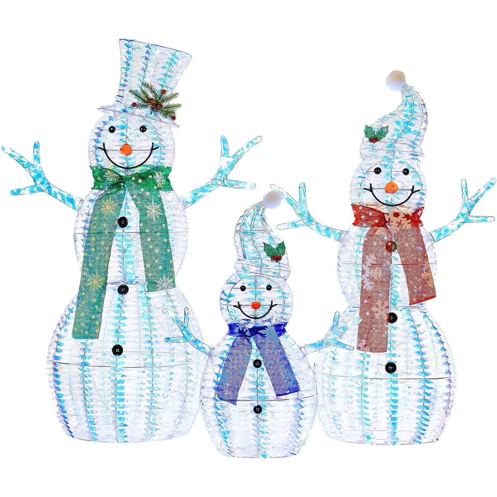 3.5 FT 3D Pre-lit Iridescent Christmas Snowman Family, 3-Piece Lighted Snowman Set with 180 LED Lights, Ground Stakes