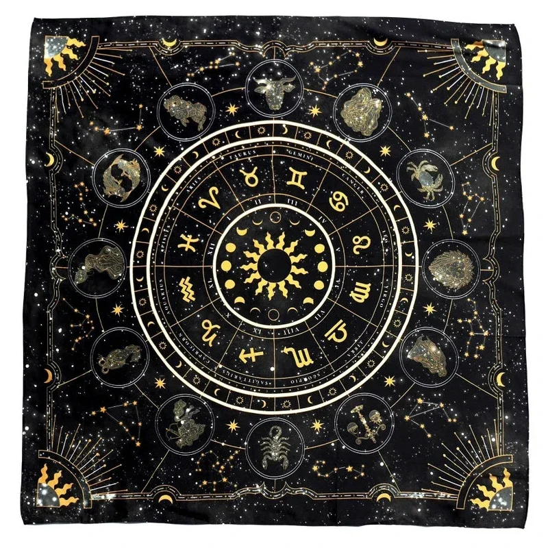 Tapis de Tarot en Velours avec Roue du Zodiaque, Tapis de Jeu de Divination Astrologique, Tapis d'Altar en Polyester Imprimé pour Décoration Intérieure et Yoga