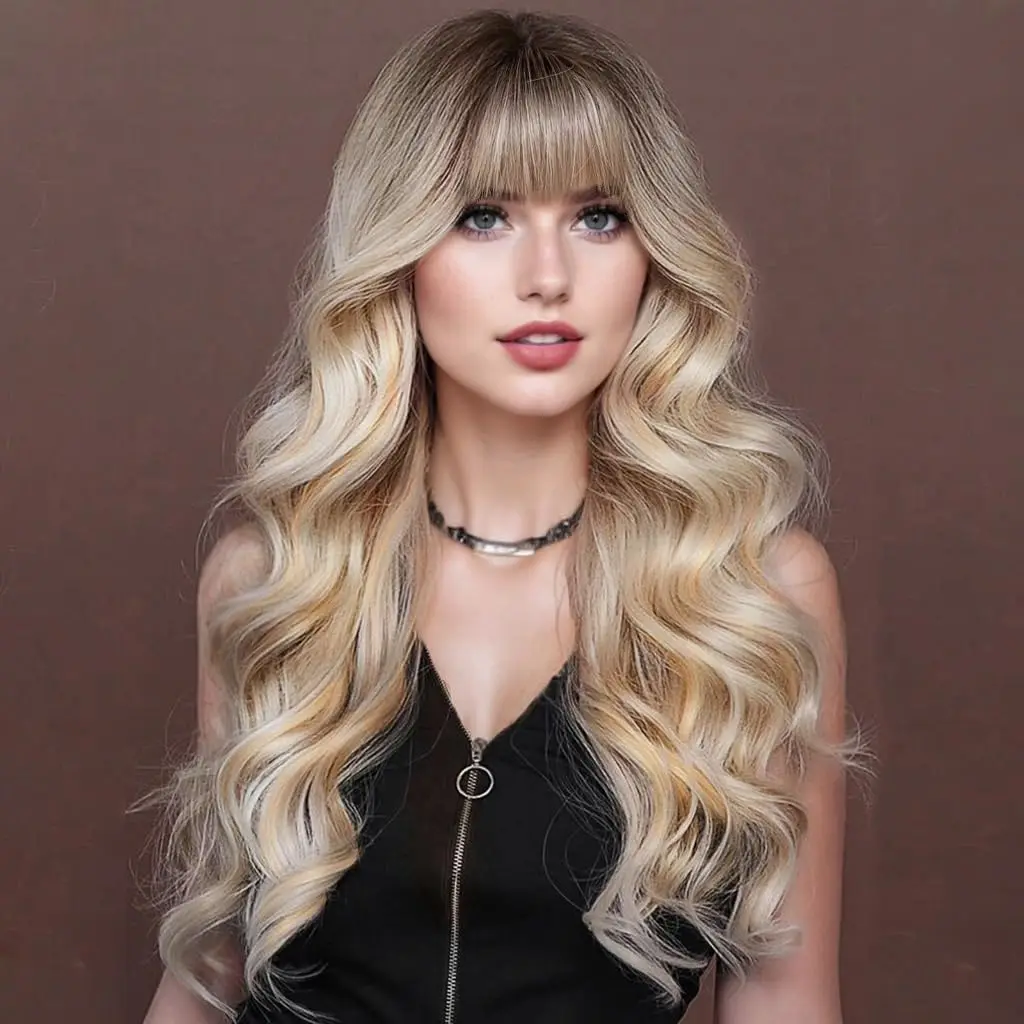 Good Texture Ombre Blonde Deep Wave With Bangs Heat Resistant Fiber 26inch Synthetic Wig sexy adult Versatile Style