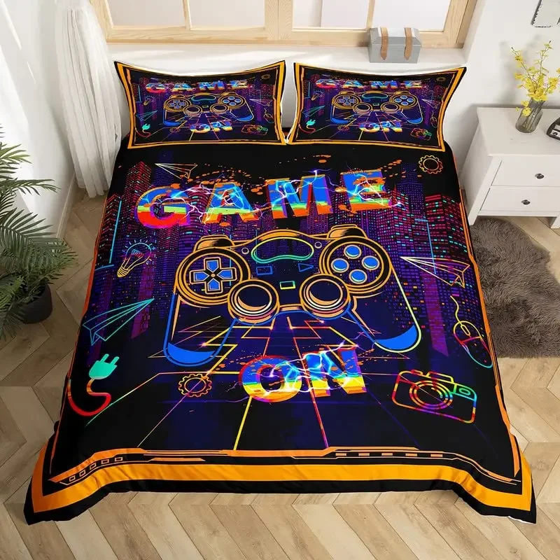 Gaming Bedding Set Hippie Graffiti Game Duvet Cover Set King Gamer Neon Purple Pink Quilt Cover Modern Gamepad Bedspread Cover