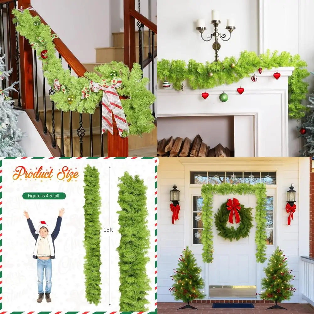 

Whimsical Bright Green 15-Foot Christmas Garland for Indoor and Outdoor Stair Decorations