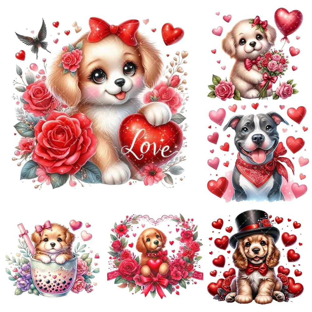 20cm Valentine's Dog Iron On Heat Transfer Stickers For Clothes DTF Pinted Vinyl Thermal Appliques Washable T-Shirt Decal