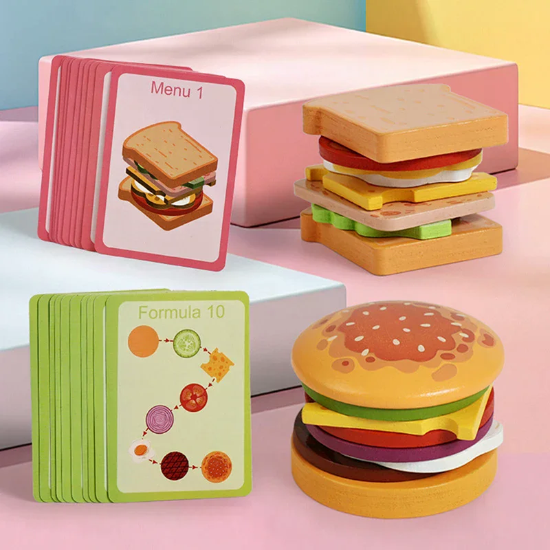 Hölzernes Hamburg-Sandwich-Stapelspielzeug für Kleinkinder und Kinder, Montessori-Vorschul-Lernspielzeug, Feinmotorik-Küchenspielzeug