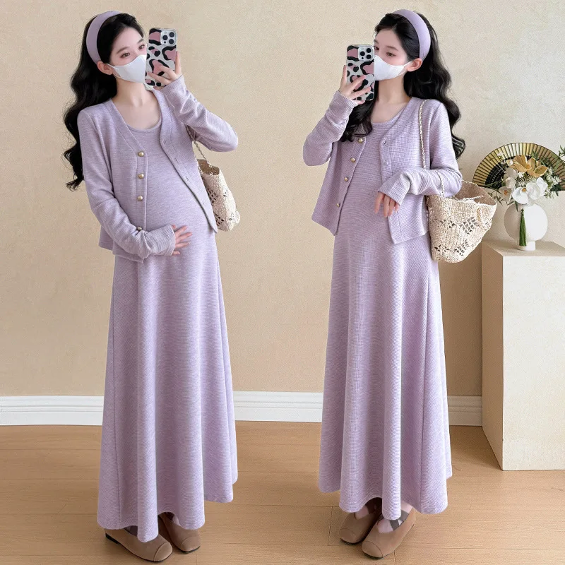 Elegante na moda vestido de maternidade conjunto para mulheres grávidas moda waffle malha duas peças roupa elegante outono gravidez wear