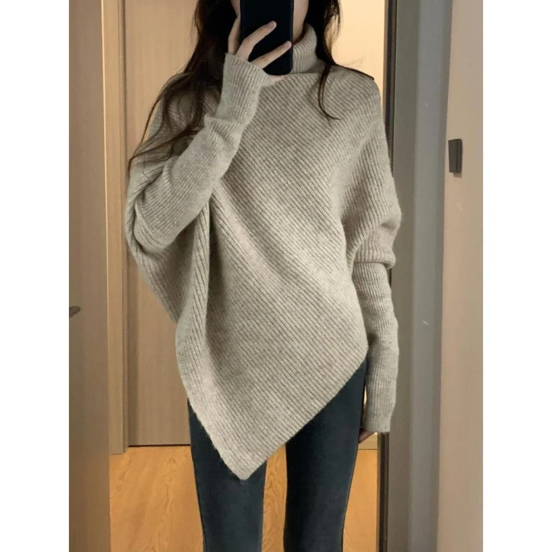 

Autumn Winter New Women Sweater Korean Fashion Chic Casual Turtleneck Solid Asymmetr Loose Batwing Sleeve Pullovers Knitted Tops