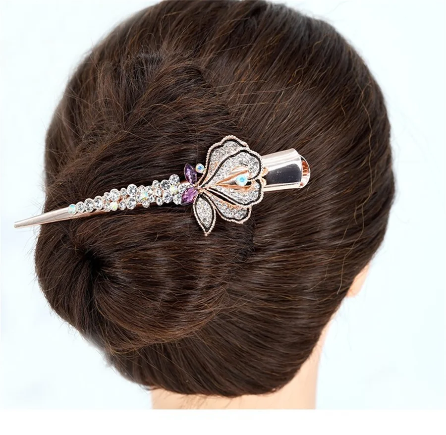 2023 new Korean style rose flower hairpin crystal zircon duckbill clip hairpin delicate ponytail alloy mother hairpin headdress