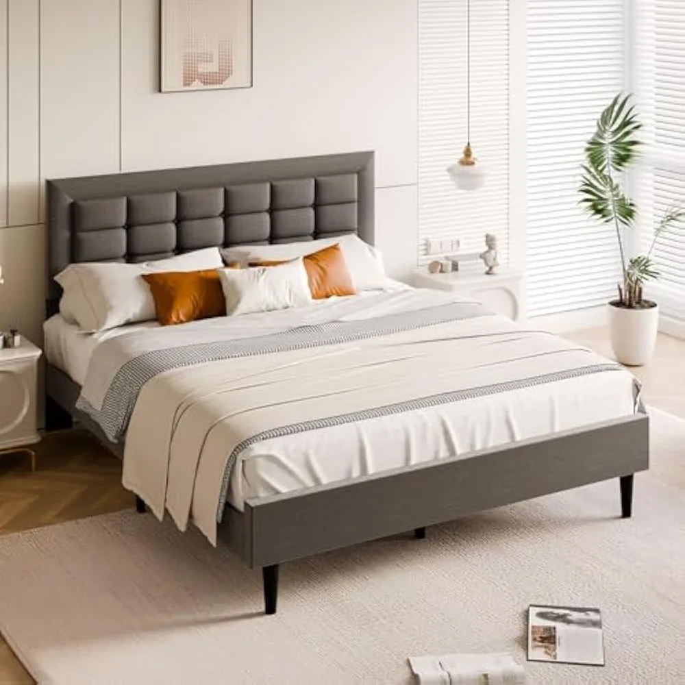 

Bed Bases & Frames Frame With Square Stitched Button Tufted Headboard Solid Wood Slats Support Base Beds and Frames Bedroom Home