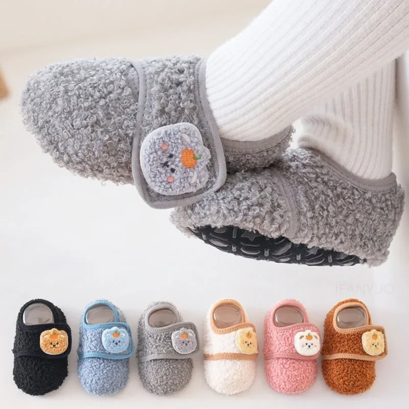 Baby Spring Autumn Cute Cartoon Bear Floor Socks Walkers Baby Winter Kids Plush Thicken  Anti Slip Soft Sole Toddler Shoes Socks