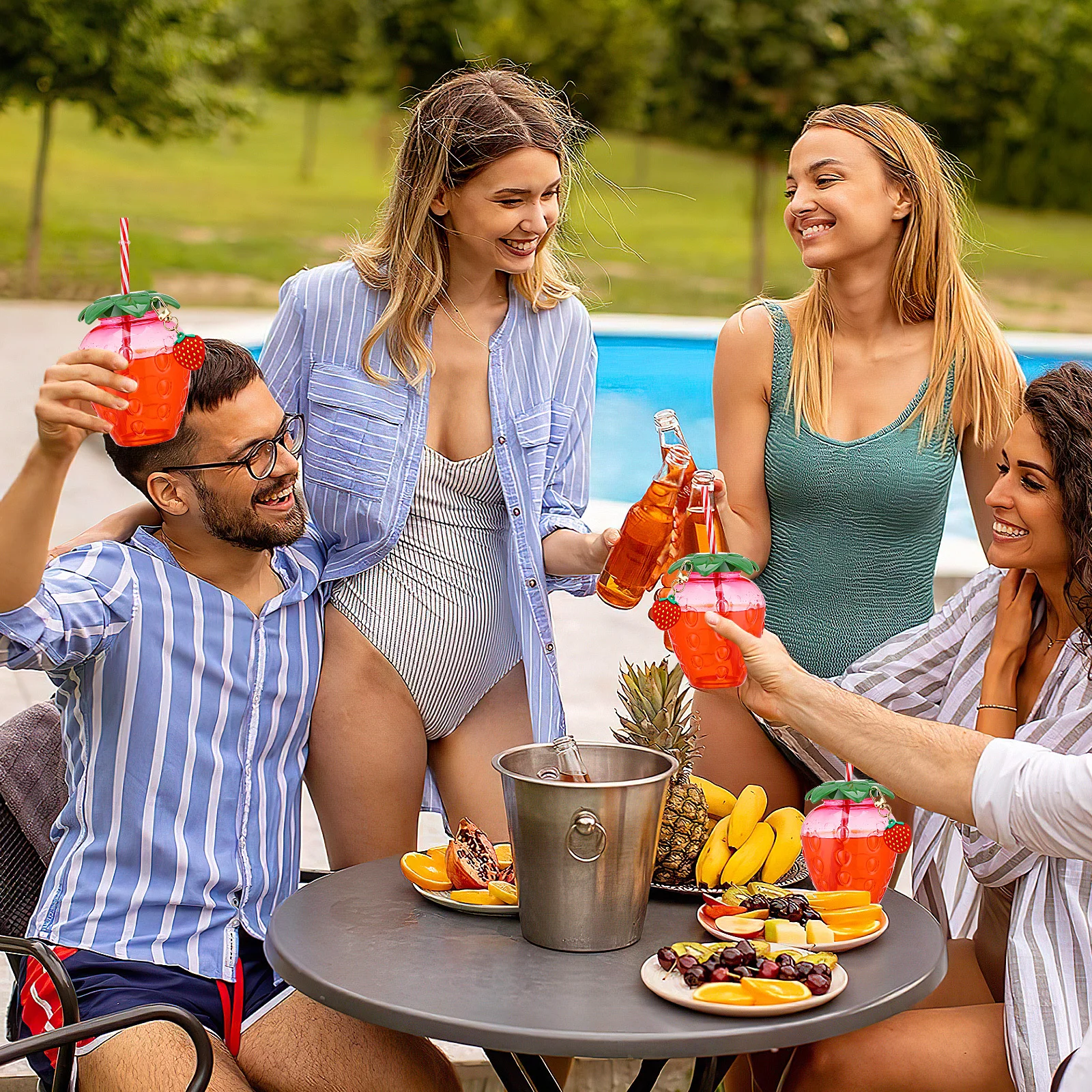 

4Pcs Strawberry Straw Cups Fashionable Cute Fruit Drink Mugs for Valentine Wedding Hawaiian Pool Party Milk Tea Summer Cups