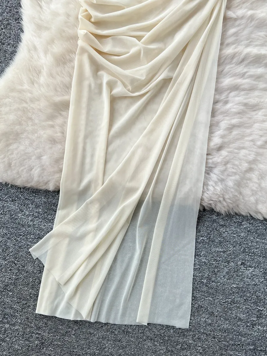 Foamlina Abito slim senza maniche con vita cava alla moda Abiti longuette in rete divisa con ritaglio a cuore sexy americano da donna