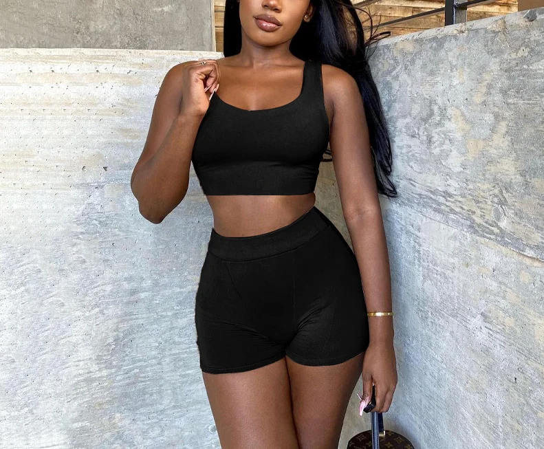 

Женский комплект: укороченный топ и шорты с высокой талией, облегающий, однотонный, для летних повседневных прогулок и активного отдыха