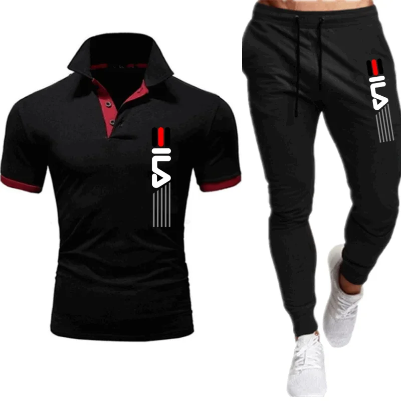 Men\'s Trousers Tracksuit 2 Piece Set Printed Summer Jogger Sportswear Short Sleeve POLO Shirt+Long Pants Casual Street Clothes