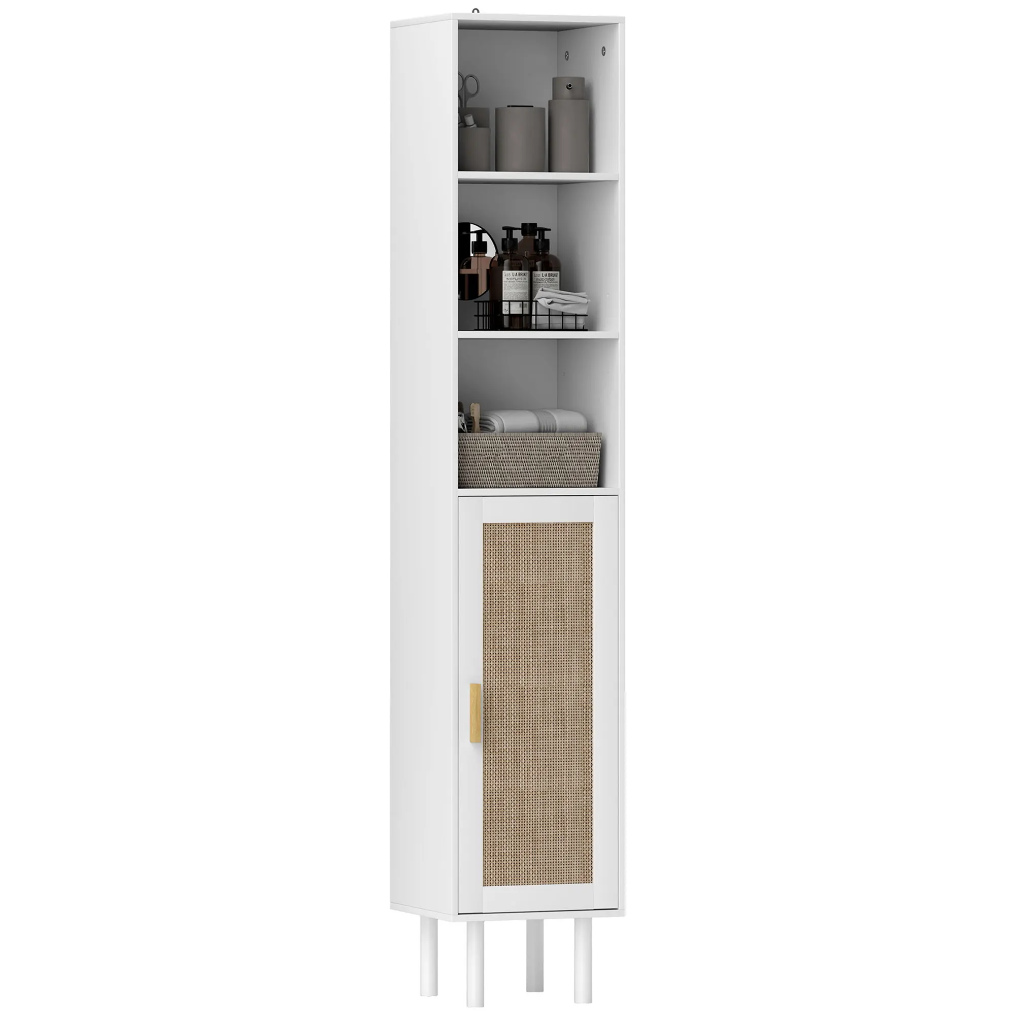 Homcom Tall Bathroom Storage Cabinet with Rattan Doors, Freestanding Bathroom Cabinet with Open Shelves, Cabinet, White