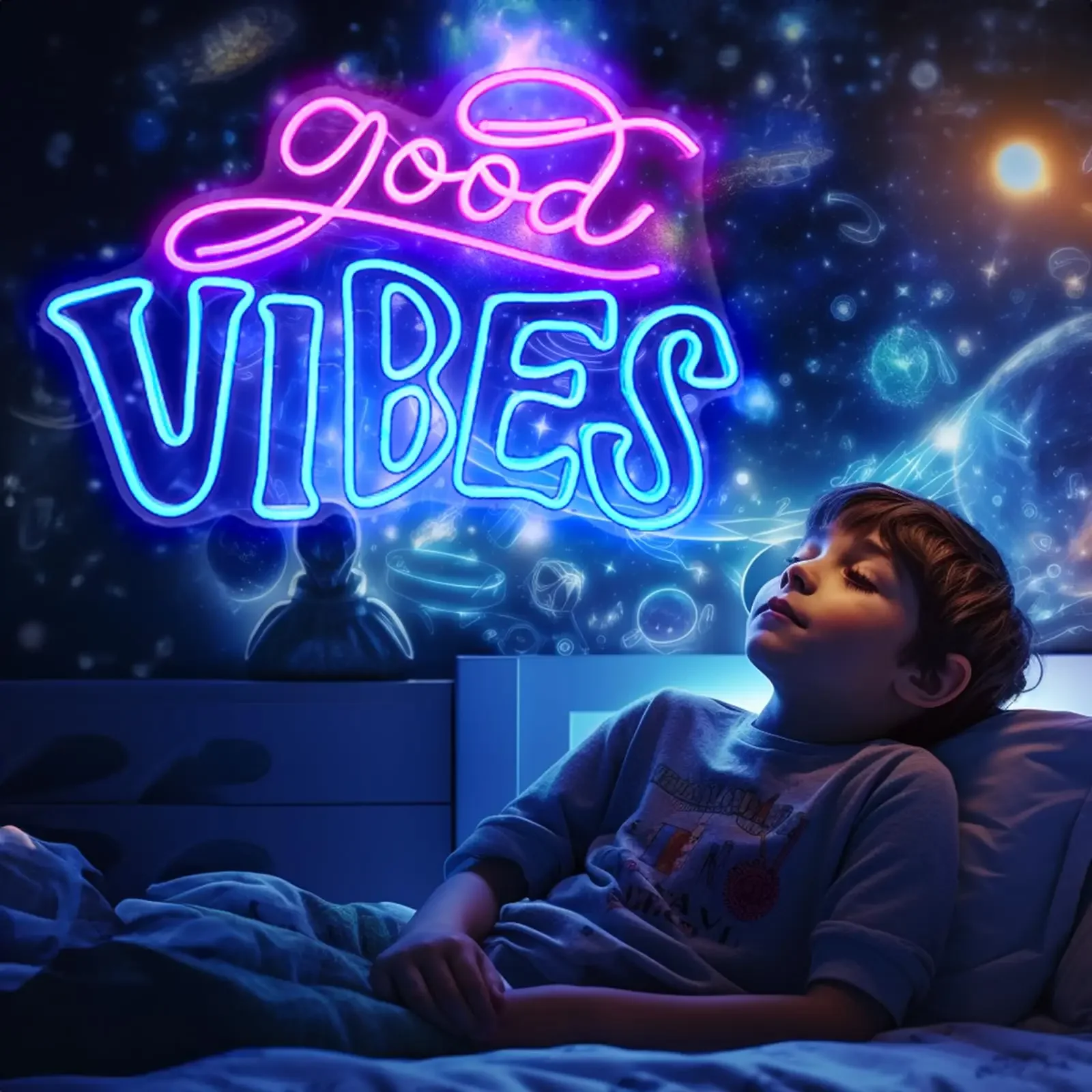 Good Vibes Neon Signs for Wall Decor,Bedroom,Happy Birthday with Led Up Birthday Party Decoration