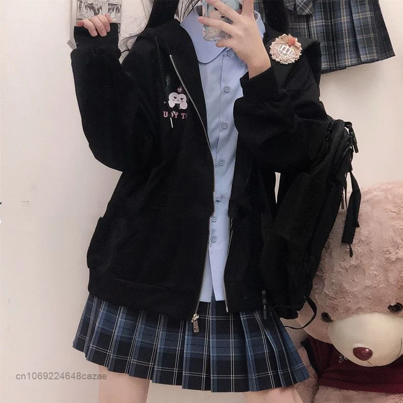 Sanrio Kuromi Spring Clothes Y2k Japan Trend Tops Hooded Cartoon Black Sweatshrts Women Loose Thin Zip Hoodies Female Clothing