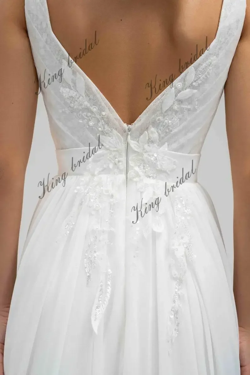 Шифоновое свадебное платье с разрезом, свадебное платье с открытой спиной, вышитое кружево с V-образным вырезом, пляжные свадебные платья в стиле бохо, свадебное платье на заказ