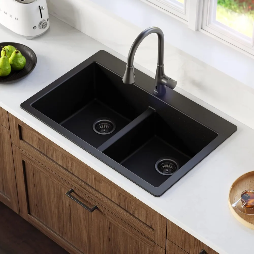 

QT-810 33" Top Mount Double Equal Bowl Quartz Kitchen Sink in Black