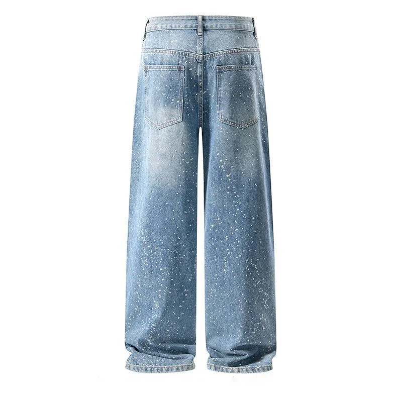 Men's High Waist Wide Leg Jeans Light Blue Splash  Letter Print Loose Floor Length Denim Long Pants QLF8