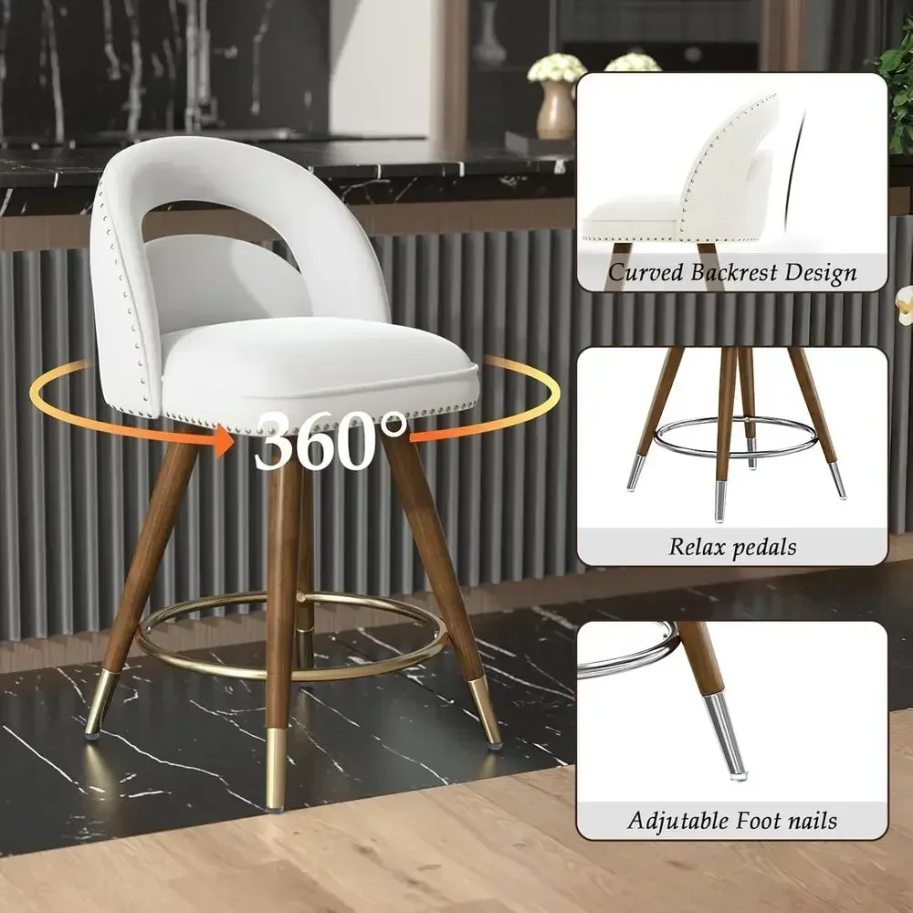 Pair of 24 Swivel Bar Stools, Cream Velvet Upholstery, Counter Height with Backs, Solid Wood Legs view 6