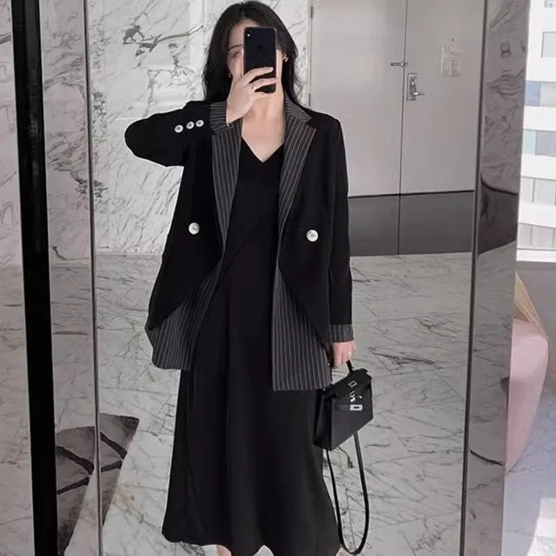 Womens Ruffian Handsome High-end Two-piece Blazer Spring and Autumn Striped Personalized Suit Fashion British Korean Version New