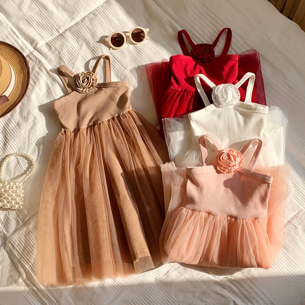 Summer Toddler Girl Dress 3D Rose FlowerTulle Baby Dresses Ball Gown PrincessTutu Skirt Birthday Party Wedding Beach Coquette